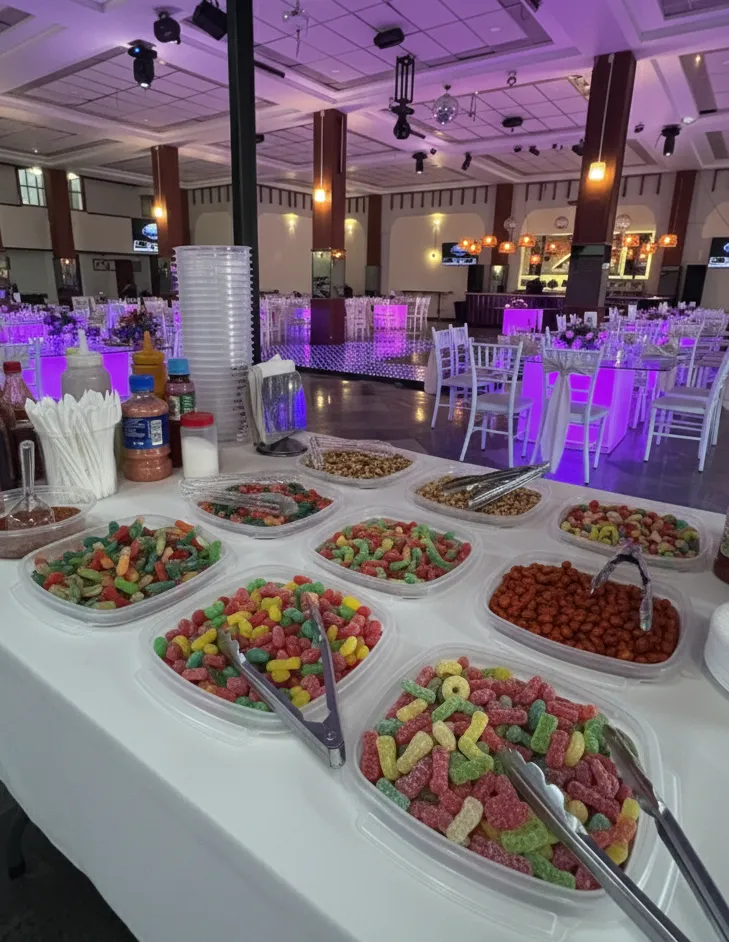 Fotografía de un evento de dulces y botanas de la barra de snacks en Colonia del Valle de ARLEX Producciones