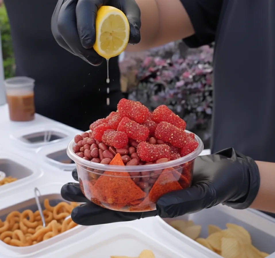 Fotografía del procesos de elaboración de mini bowl con botanas de la barra de snacks en la Roma
