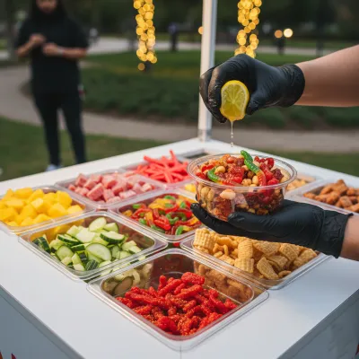 Trabajador de La Ruta del Snack preparando un bowl para tu barra de snack para XV con los toppings a elegir.