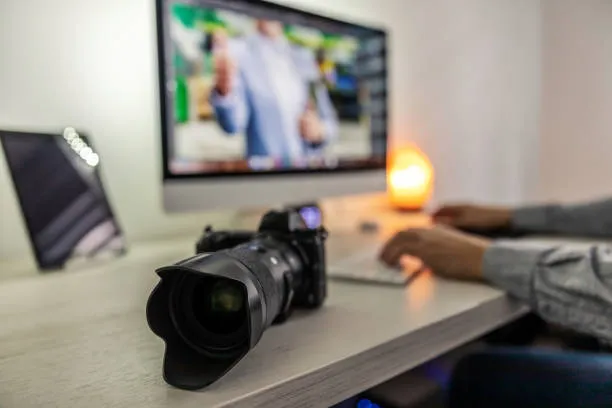 Fotografía a la cámara de un joven que está realizando edición de video en su oficina