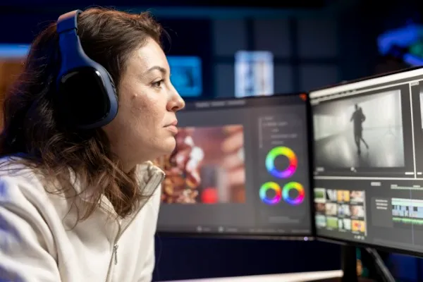 Mujer editando un video en su computadora para ARLEX productora audiovisual en CDMX