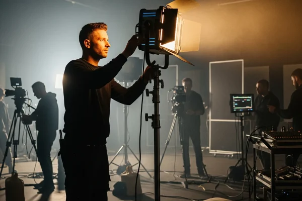 fotografía del Equipo de la productora audiovisual de ARLEX montando el equipo de producción para realizar un proyecto
