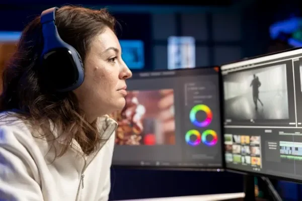 Mujer editando un video en su computadora para ARLEX productora audiovisual en CDMX